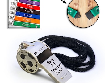 Personalised Silver Whistle with Lanyard: Engraved Coach Referee Gift, PE Teacher, Football, Rugby,