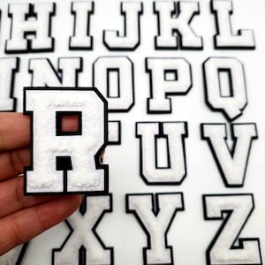 Parche de letras de chenilla 3D de gran tamaño, de color blanco, de 5 cm/7,5 cm, para planchar sobre toallas, para coser o bordar en ropa