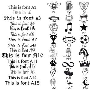 May include: A black and white graphic with font samples labeled A1 through A15, and various icons including a bee, beer mug, butterfly, car, coffee cup, musical note, star, trophy, rugby ball, soccer ball, dog, cat, horse, paw print, infinity symbol, crown, hearts, wings, and moon.