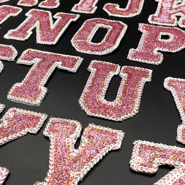 Patchs de lettres roses scintillantes, à repasser/à coudre sur des vêtements brodés de l'alphabet rétro