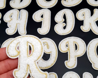 White / Gold Chenille Letter Patch Patches Iron on / Sew on Alphabet Embroidery Clothes