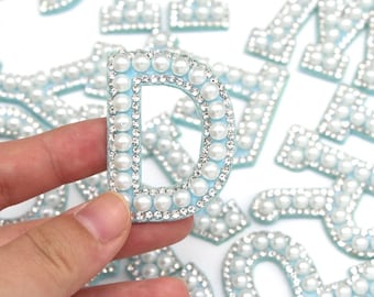 White Pearl Blue Rhinestone Sparkle 4.6cm Letter Patches Alphabet Embroidery Clothes