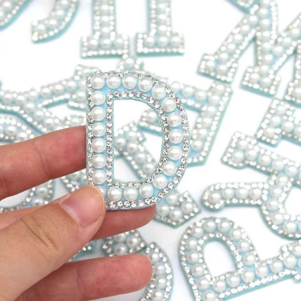 White Pearl Blue Rhinestone Sparkle Letter Patches Alphabet Embroider…