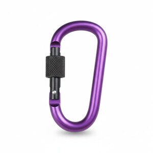 May include: A purple carabiner with a matte finish, featuring an asymmetrical D-shape design. The device includes a black metal screw-gate locking mechanism with a textured, knurled surface for grip, and a spring-loaded gate closure.