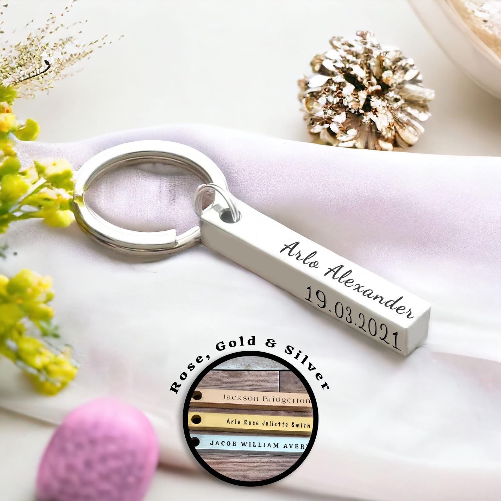 Personalised Stainless Steel Bar Keyring: Engraved Gift, Baby Birth Stats, New Parent Gift