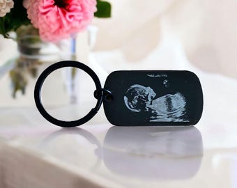 Personalised Baby Scan Photo Keyring: Stainless Steel Keepsake, Mum, Dad To Be Gift