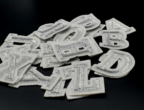 LARGE Silver / White Letter Patch Patches Iron on / Sew on Alphabet  Embroidery Clothes 