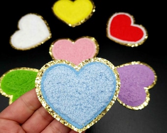 Love Heart Chenille Iron on Patch Patches Towel Clothes Gold Trim