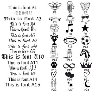May include: A black and white chart displaying fifteen distinct font styles labeled A1 through A15, each showing the text This is font followed by its identifier. To the right are twenty-four black graphic icons labeled P1 through P24.