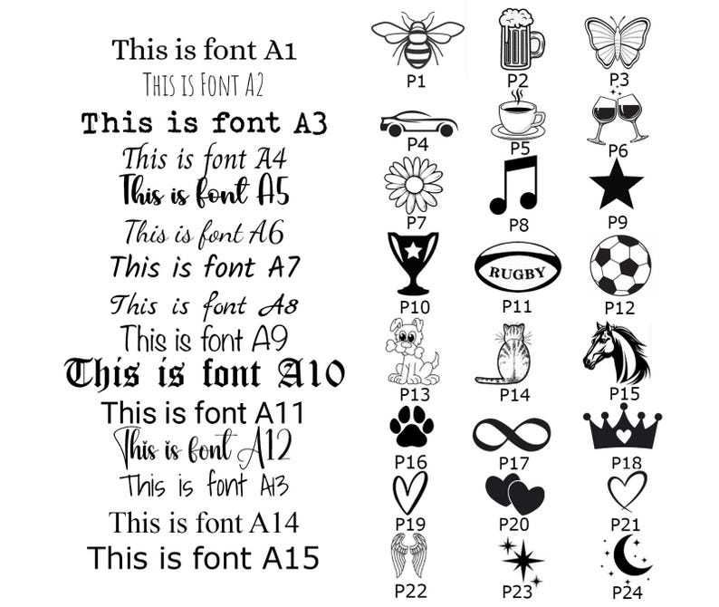 May include: A black and white chart displaying fifteen distinct font styles labeled A1 through A15, each showing the text This is font followed by its identifier. To the right are twenty-four black graphic icons labeled P1 through P24.