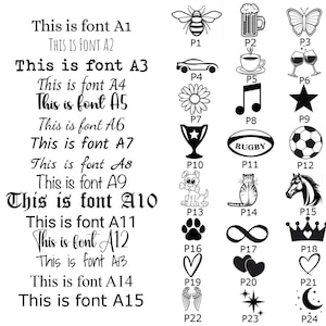 May include: A black and white image showing 24 different font styles with the text "This is font A1" through "This is font A15" and a corresponding image for each font style.  The image styles include a bee, a beer mug, a butterfly, a car, a coffee cup, a wine glass, a flower, a musical note, a star, a trophy, a rugby ball, a soccer ball, a puppy, a cat, a horse, a paw print, an infinity symbol, a crown, a heart, wings, a star, and a crescent moon.