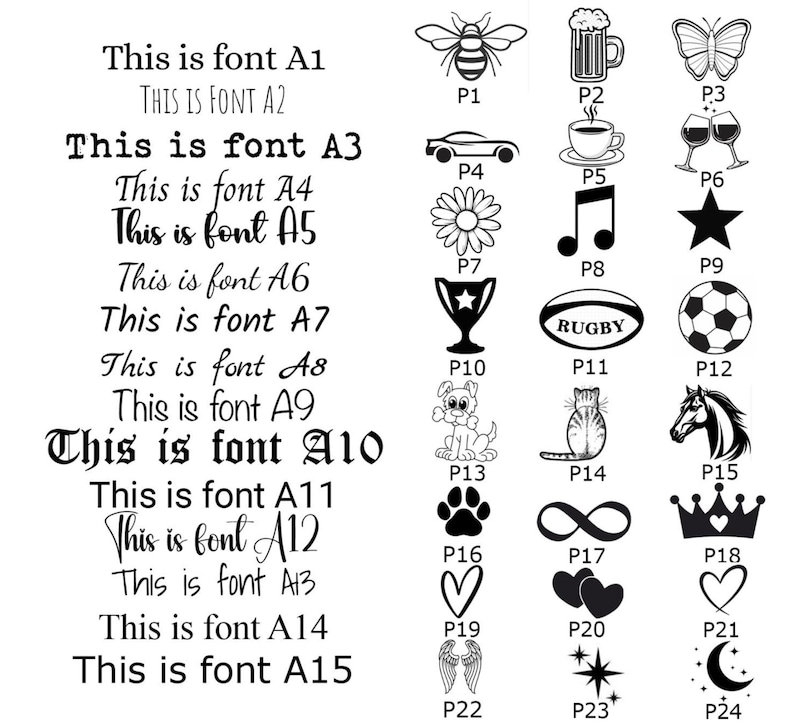 May include: A black and white image showing 24 different font styles with the text "This is font A1" through "This is font A15" and a corresponding image for each font style.  The image styles include a bee, a beer mug, a butterfly, a car, a coffee cup, a wine glass, a flower, a musical note, a star, a trophy, a rugby ball, a soccer ball, a puppy, a cat, a horse, a paw print, an infinity symbol, a crown, a heart, wings, a star, and a crescent moon.