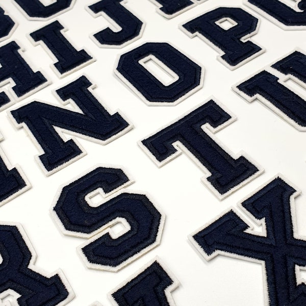 Dark Navy / White College Letter & Number Patches Iron on / Sew on Retro Patch Alphabet Embroidery Clothes