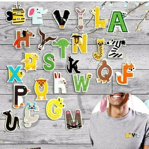 Parches con letras de animales para planchar o coser, bordados con alfabeto retro para ropa