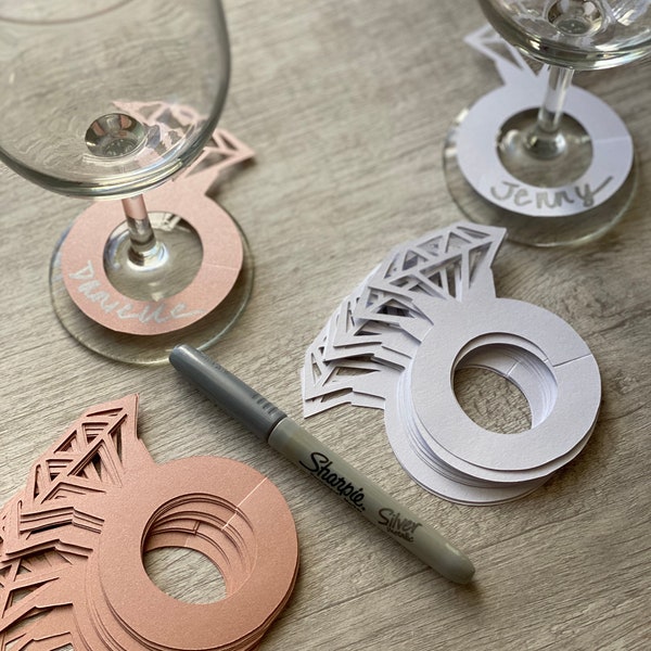 Diamantring Trinkanhänger (20er Set) | Bridal Shower Drink Anhänger | Weinglas Getränkeanhänger | Gold
