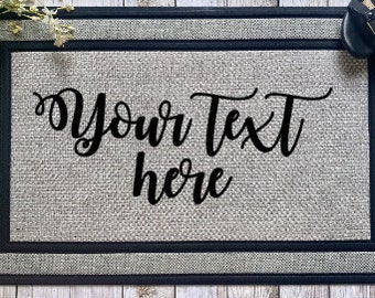 Personalized doormat housewarming gift, funny text, custom names, Racetrack Gray 18 in. x 30 in. Rubber Backed Door Mat