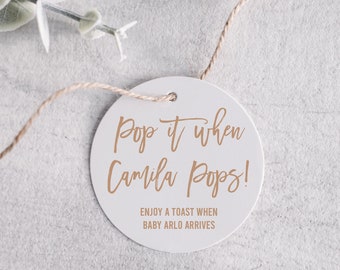 Pop it When She Pops Printed Favor Tags, Personalized Round Gift Tags, Tags Mini Champagne, Baby Shower Printed Favor Tags, Round Label Tag