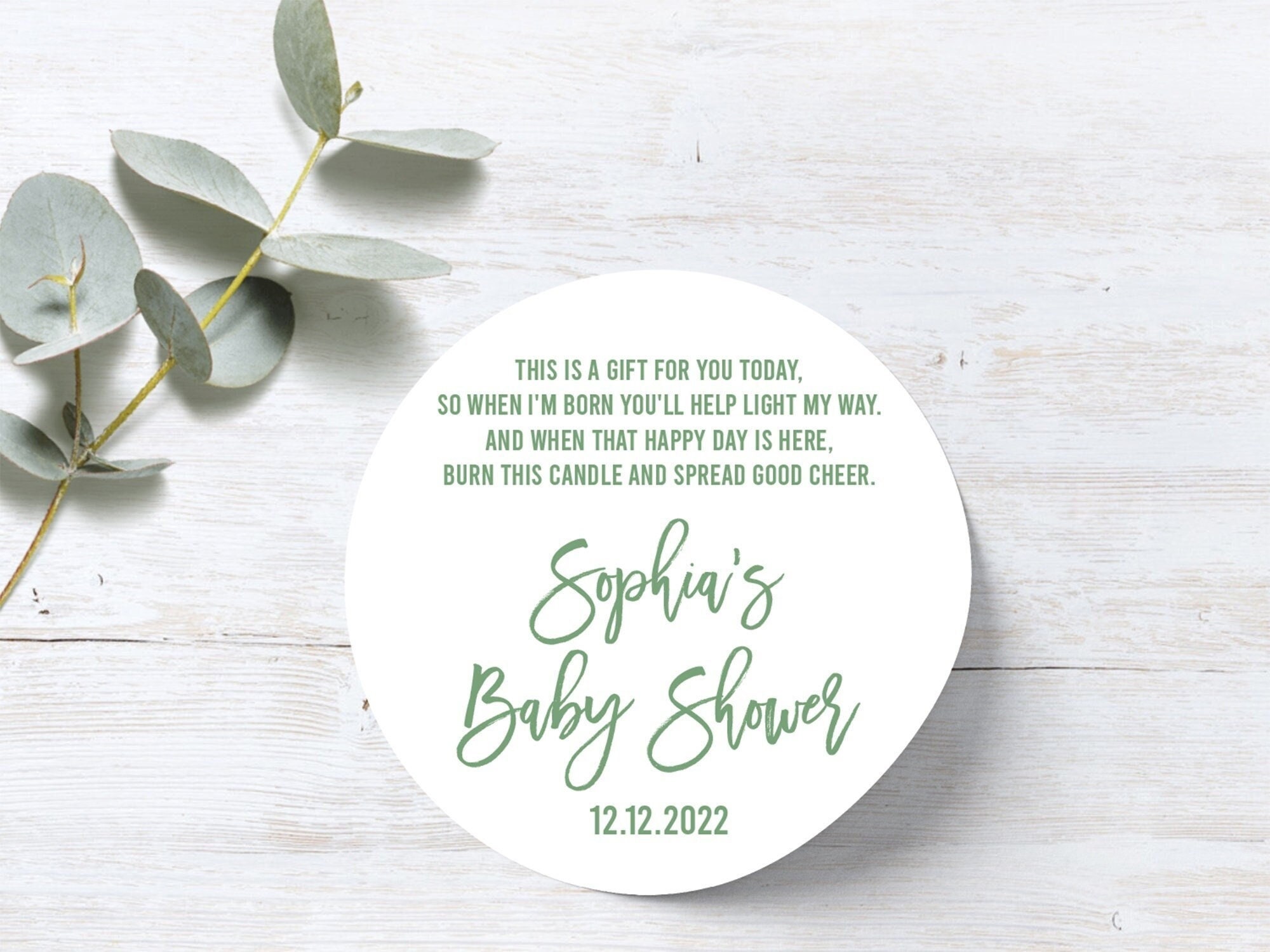 Candle Stickers For Baby Shower, Greenery Favor Stickers, Round