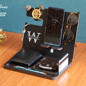 Black Customized Charging Station, Wooden UV-Print Docking Station, Personalized Night Stand, Desk Organizer, Gift for Him, Gift for Boss