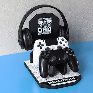 Personalized Fathers Day Gift for Gamer Dad, Headphone and Controller Stand, Controller Holder, Gamer Gifts for Men, Gaming Accessory image 3