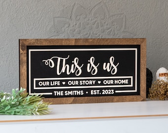 Creating Home with 'This Is Us': Personalized Wooden Sign, Wall Decor for Farmhouse, Framed Custom Family Sign, Gift for Loving Families