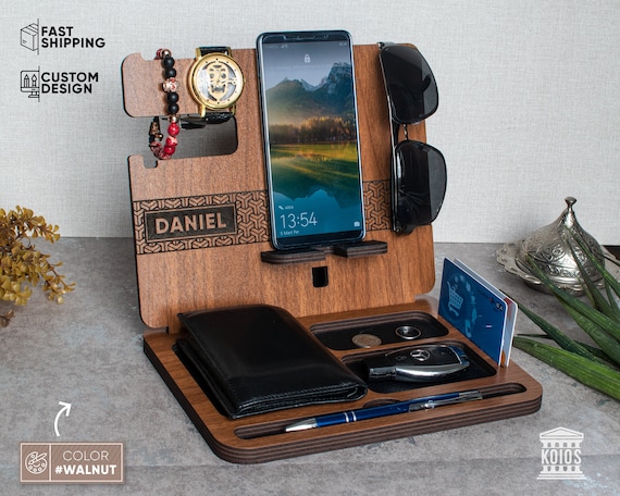 Docking Station In Legno Per Smartphone - Supporto Per Telefono, Orologio, Portafoglio - Idea Regalo Per Uomo - Foto 5