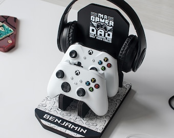 Birthday Gift for Gamer Dads, Personalized Headphone and Controller Stand, Controller Holder, Gamer Gifts for Men, Gaming Accessory