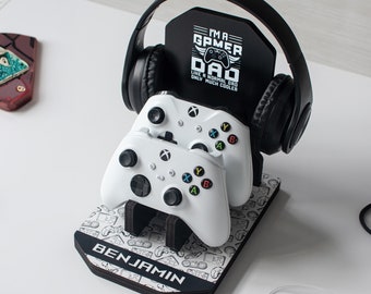 Personalized Fathers Day Gift for Gamer, New Dad Gift, Headphone and Controller Stand, Controller Holder, Custom Gamer Gifts for Men
