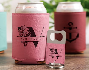 Custom Engraved Can Cooler and Matching Opener for Any Celebration -Personalized Beverage Holder & Bottle Opener Set, Simple Party Favors