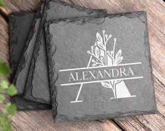 Four (4) Slate Drink Coasters set, Engraved Slate Coasters, Personalized Housewarming Gift, Rustic Stone Coasters, Gift for the Newlywed
