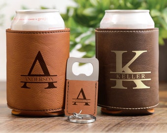 Beverage Holder and Bottle Opener Set, Engraved Can Cooler, Bear Bottle Holder, Personalized Groomsmen Set, Custom Bottle Opener Keychain