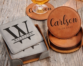 Six (6) Leather Coasters Set, Personalized Coasters, Drink Coaster, Custom Coaster, Vegan Leatherette Leather Coasters, Initial Coasters Set