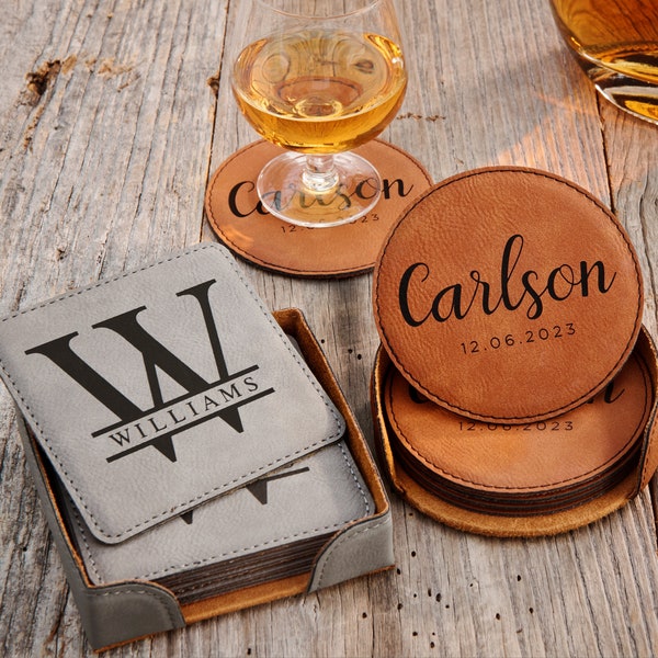 Engraved Custom Coasters, Set of Six (6) Coasters with Holder, Table Top Protection, Monogrammed Leather Coasters, Matching Set of Coasters