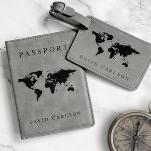 Personalized Passport Cover & Luggage Tag Set, Custom Passport Holder, Engraved Luggage Tag, Engraved Passport Cover, Monogram Suitcase Tag image 1