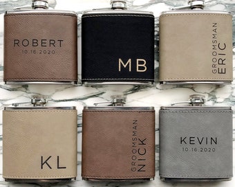 Groomsmen Flask Set, Wood Flask, Engraved Flask, Monogrammed Flask, Leather Hip Flask, Flask For Groomsmen, Wedding, Engraved Dad Gift