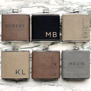 Groomsmen Flask Set, Wood Flask, Engraved Flask, Monogrammed Flask, Leather Hip Flask, Flask For Groomsmen, Wedding, Engraved Dad Gift image 1