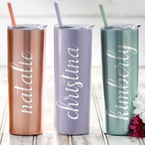 Personalized Tumbler With Straw, Engraved Personalized Skinny Tumbler, Stainless Steel Tumbler, Tumbler With Straw, Bridesmaid Tumbler