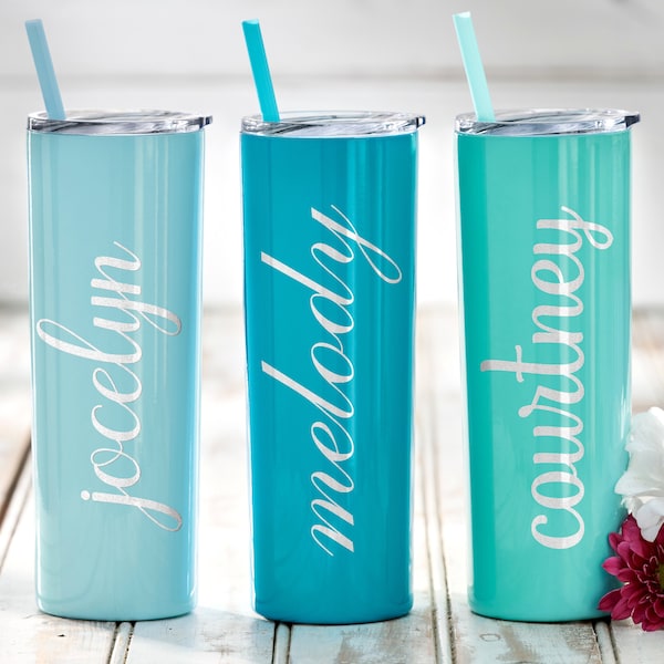 Engraved Personalized Skinny Tumbler, Custom Bridesmaid Skinny Tumbler,   Stainless Steel Tumbler, Tumbler With Straw, Tumbler With Lid