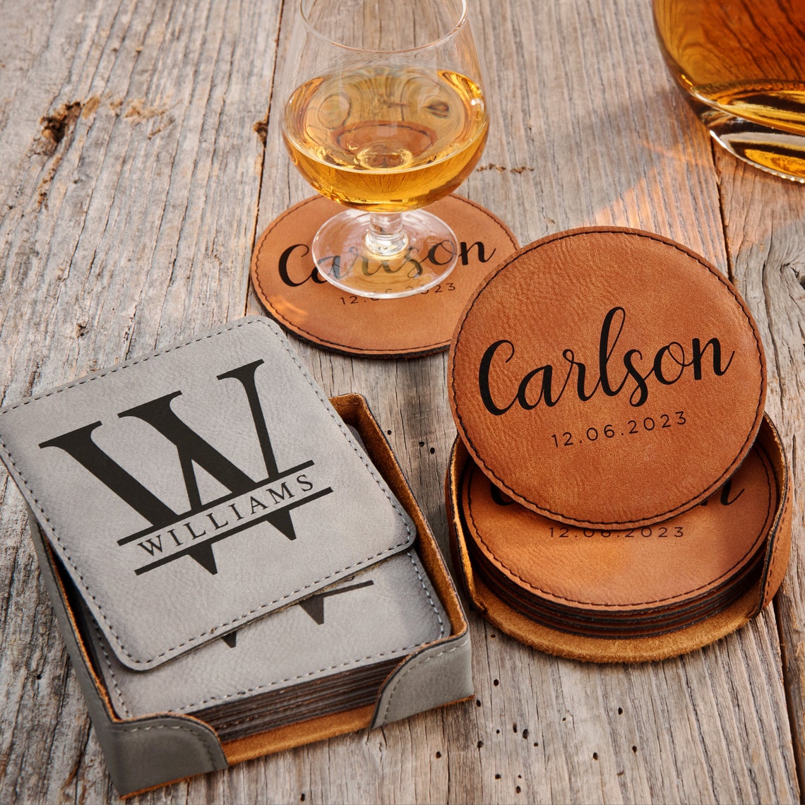 Six 6 Leather Coasters Set Personalized Coasters Drink image 1