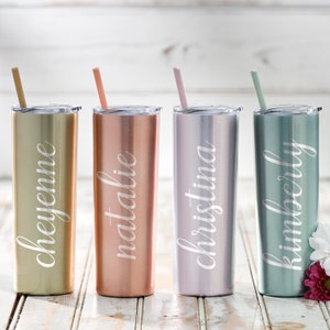 Engraved Personalized Skinny Tumbler, Custom Bridesmaid Skinny Tumbler,   Stainless Steel Tumbler, Tumbler With Straw, Tumbler With Lid