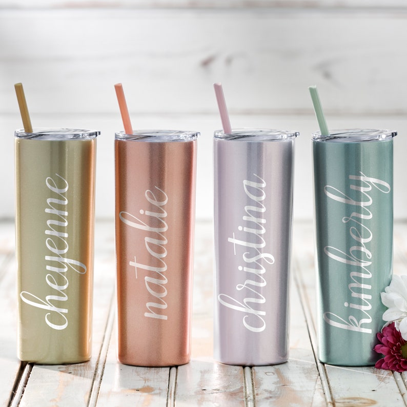 Engraved Personalized Skinny Tumbler, Custom Bridesmaid Skinny Tumbler,   Stainless Steel Tumbler, Tumbler With Straw, Tumbler With Lid 