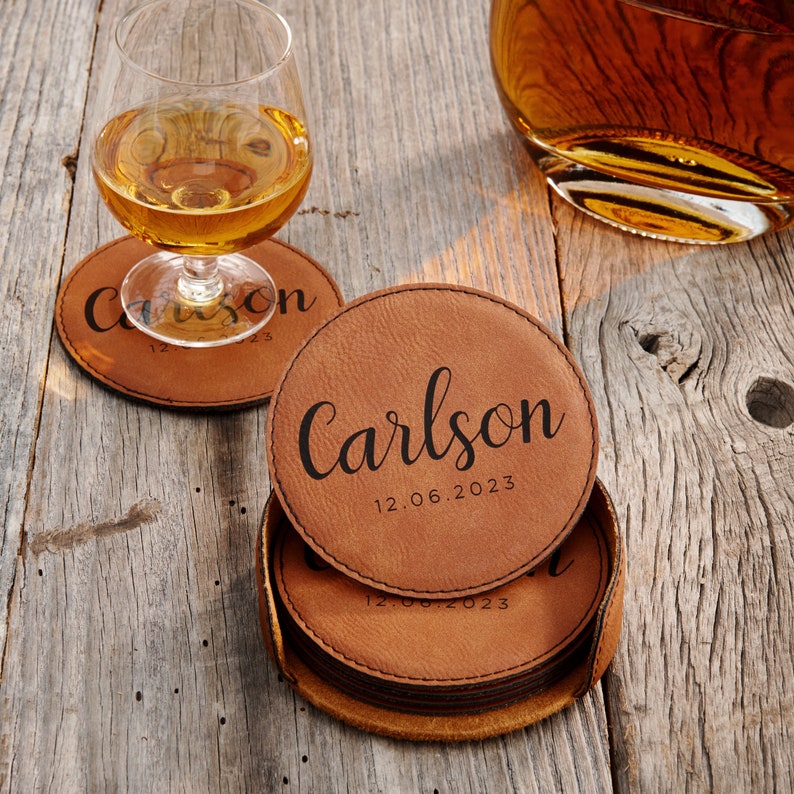 Six 6 Leather Coasters Set Personalized Coasters Drink Etsy