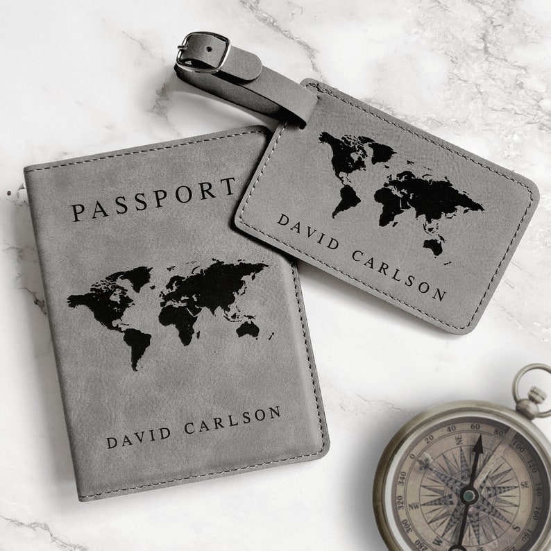 Personalized Passport Cover & Luggage Tag Set, Custom Passport Holder, Engraved Luggage Tag, Engraved Passport Cover, Monogram Suitcase Tag image 1