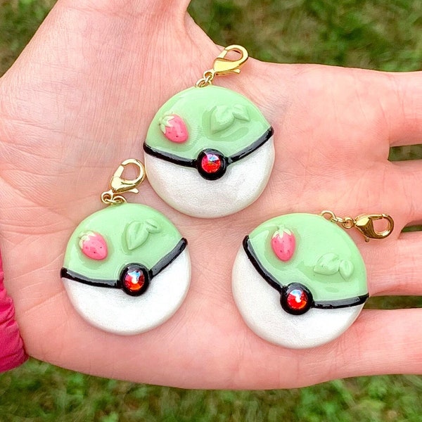 Polymer clay Pokemon charm, handmade Pokeball keychain accessory, pastel gamer girl gift idea