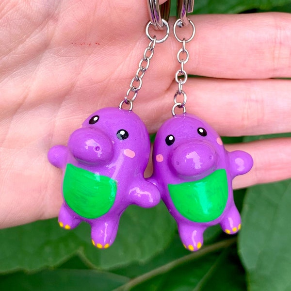 Nostalgic Barney keychain, millennial tv show accessories, unique retro purple dinosaur jewelry