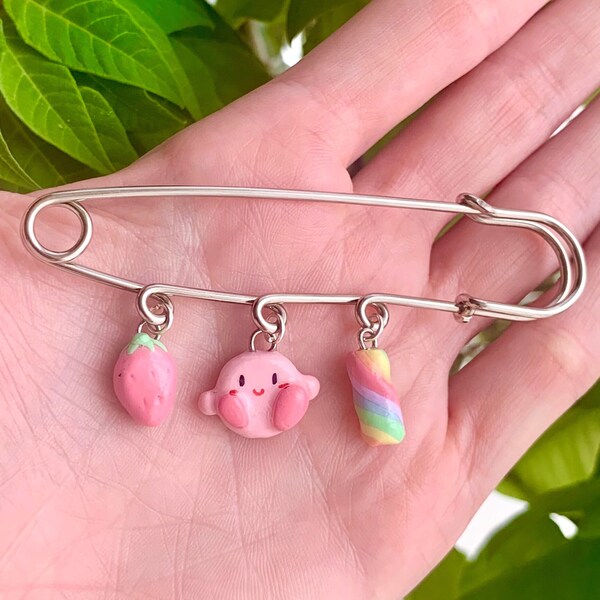 Kirby nintendo pin, polymer clay video game clothespin, pastel strawberry candy anime jewelry broach