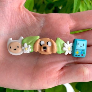 Adventure time hair clip, handmade polymer clay fin, Jake, and BMO barrette, cartoon jewelry beauty accessories, gift for her