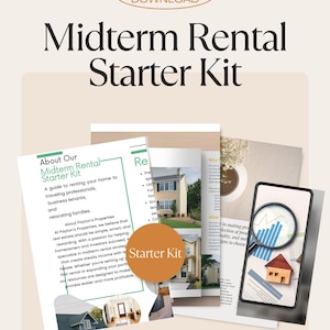 Può includere: Una guida per affittare la tua casa per soggiorni brevi. La guida include informazioni sull'affitto a professionisti in viaggio, inquilini commerciali e famiglie in trasloco. La guida è intitolata "Midterm Rental Starter Kit" e presenta un telefono con un grafico e un'icona di casa sullo schermo. La guida è disponibile per il download immediato.