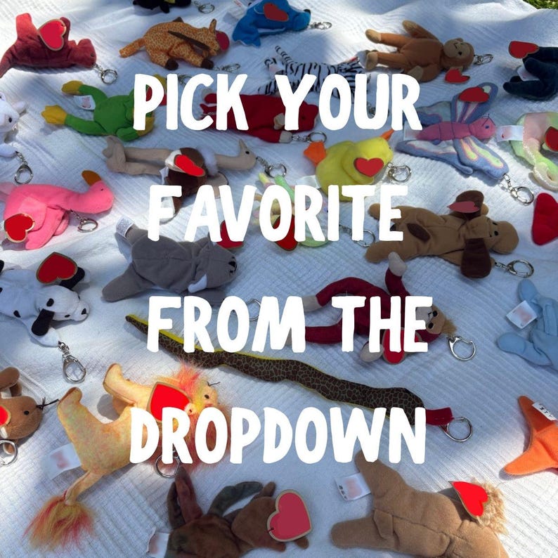 K&ouml;nnte beinhalten: Eine Sammlung verschiedener Pl&uuml;schtier-Schl&uuml;sselanh&auml;nger, darunter eine Schlange, ein Schmetterling und ein Hund, jeweils mit einem roten herzf&ouml;rmigen Etikett. Der Text PICK YOUR FAVORITE FROM THE DROPDOWN ist in Wei&szlig; in der Mitte abgebildet.