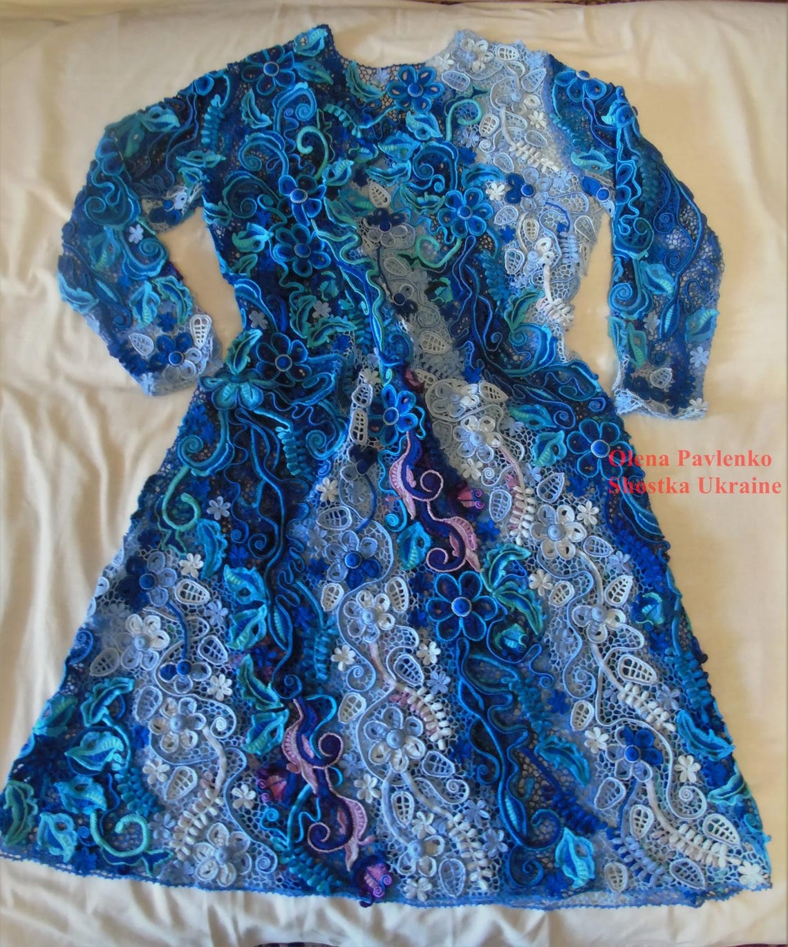 Evening lace blue dress. Knitting. Irish lace. Dress Etsy